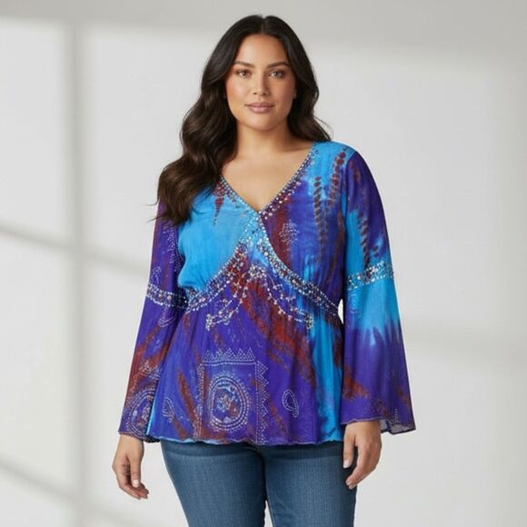 Vtg Y2k Beaded Babydoll Fairy Top Women 3X Blue Ethereal Sheer Gypsy Boho Hippie - Picture 2 of 15